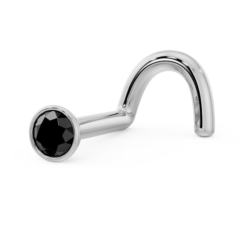 Side profile of 14k white gold black diamond bezel nose stud showing twist post shape and length