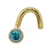 14k yellow gold blue diamond bezel nose ring twist style, angled view showing gold post and gem