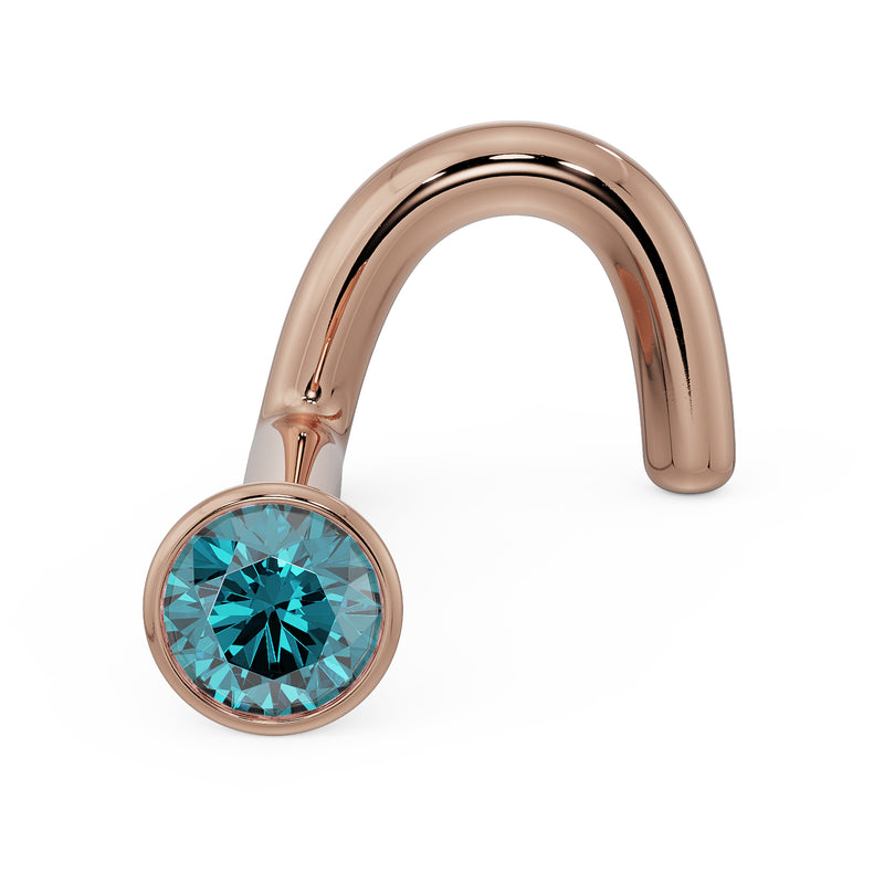 14k rose gold blue diamond bezel nose ring twist style, angled view showing warm-toned post