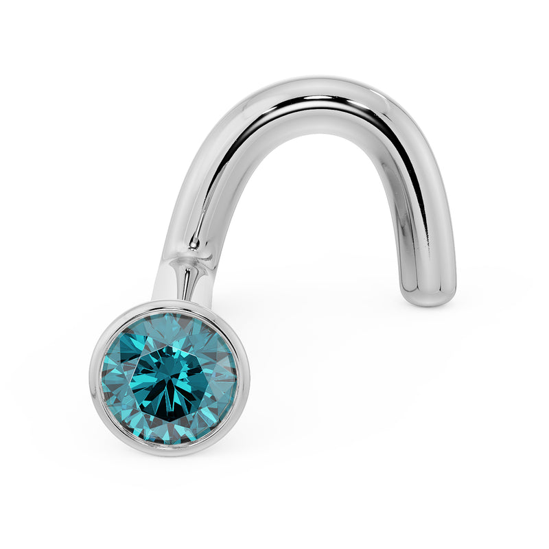 White gold 2mm blue diamond nose ring twist style, angled view highlighting bezel rim and post curve