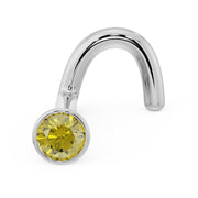 14k white gold 2mm yellow diamond bezel nose ring twist, angled view showing post detail
