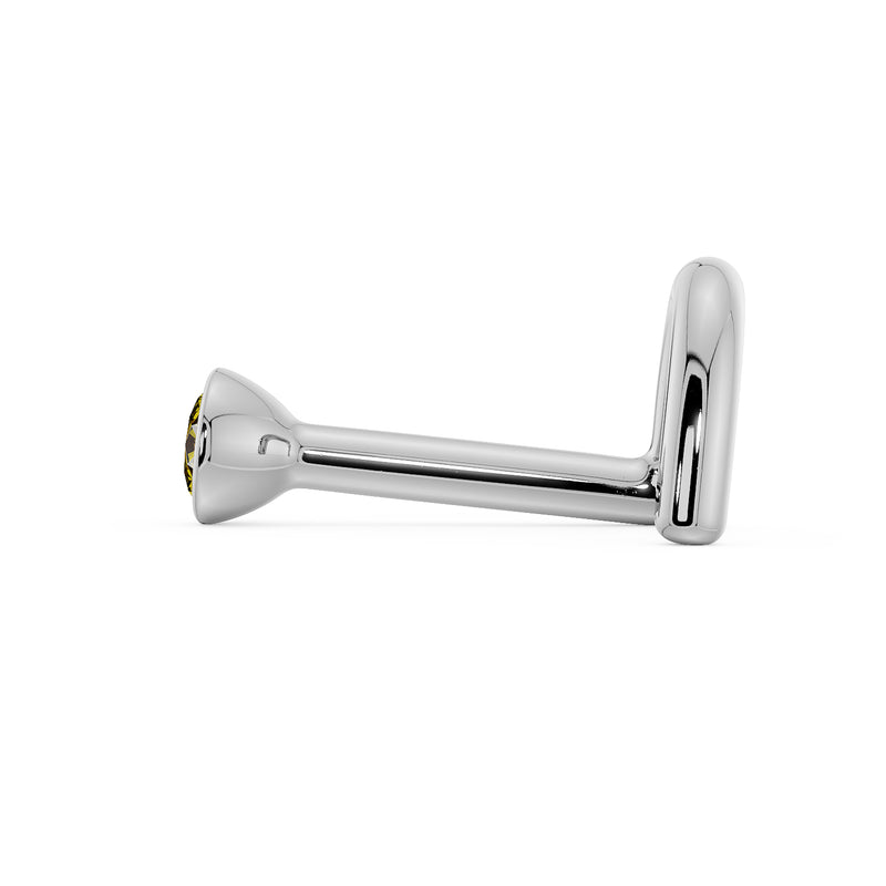 Side profile of white gold yellow diamond bezel nose stud showing L-post style and post length