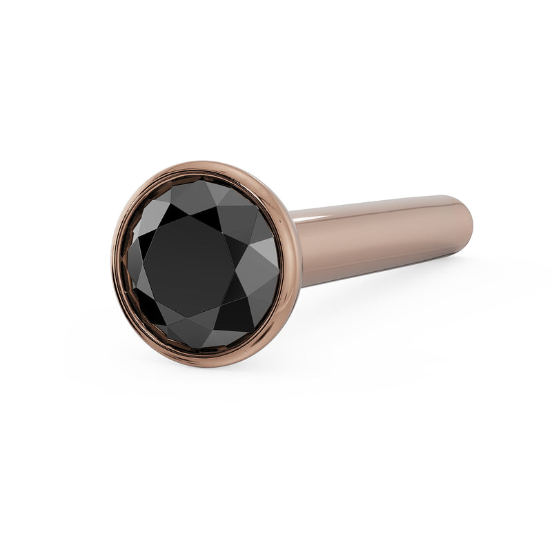 14k rose gold black diamond bezel straight post nose stud, angled front view