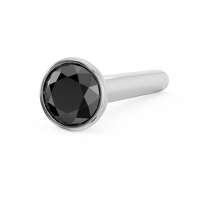14k white gold 2mm black diamond bezel straight post nose stud, angled front view