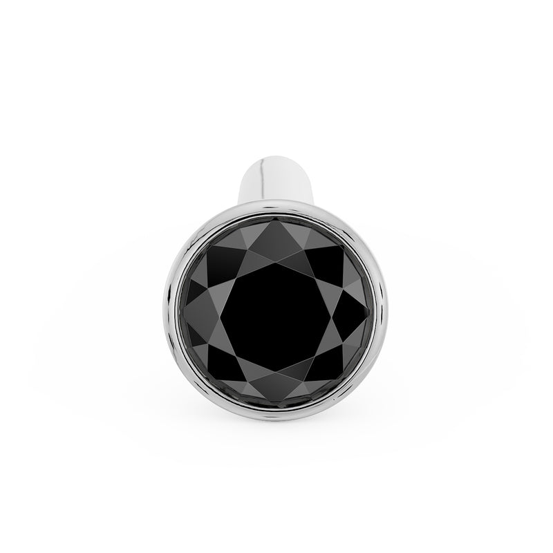 Front view of white gold black diamond bezel straight post nose stud showing ball tip and faceted gem