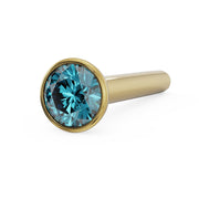 14k yellow gold blue diamond straight post nose stud, angled view showing post length and bezel