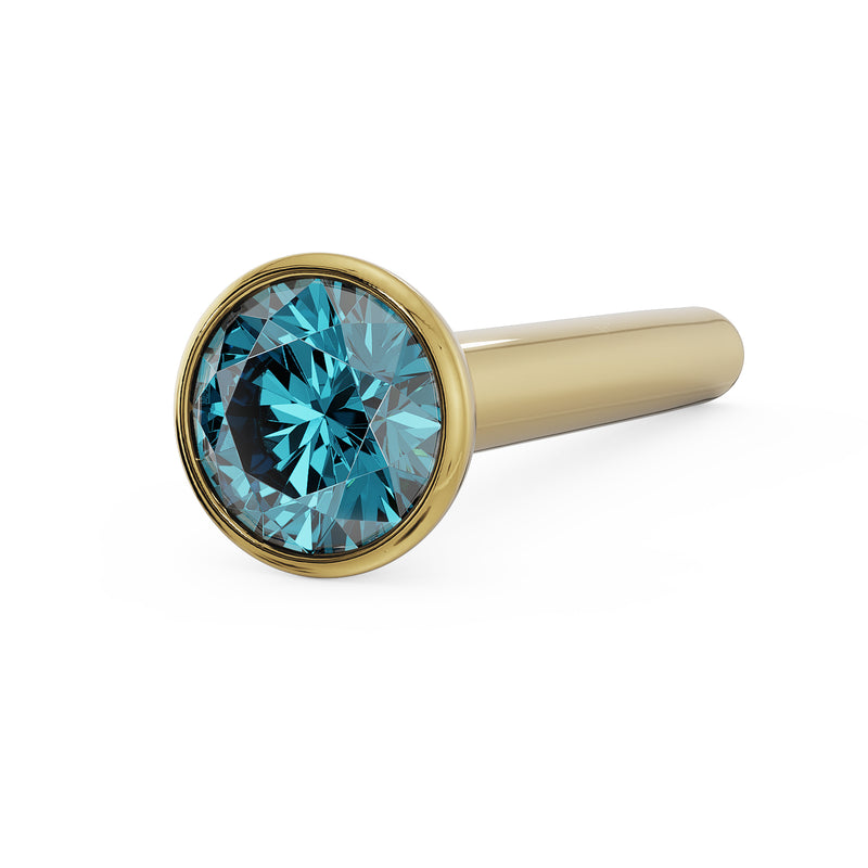 14k yellow gold blue diamond straight post nose stud, angled view showing post length and bezel