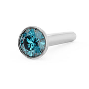 14k white gold blue diamond straight post nose stud, angled side view showing post and bezel rim