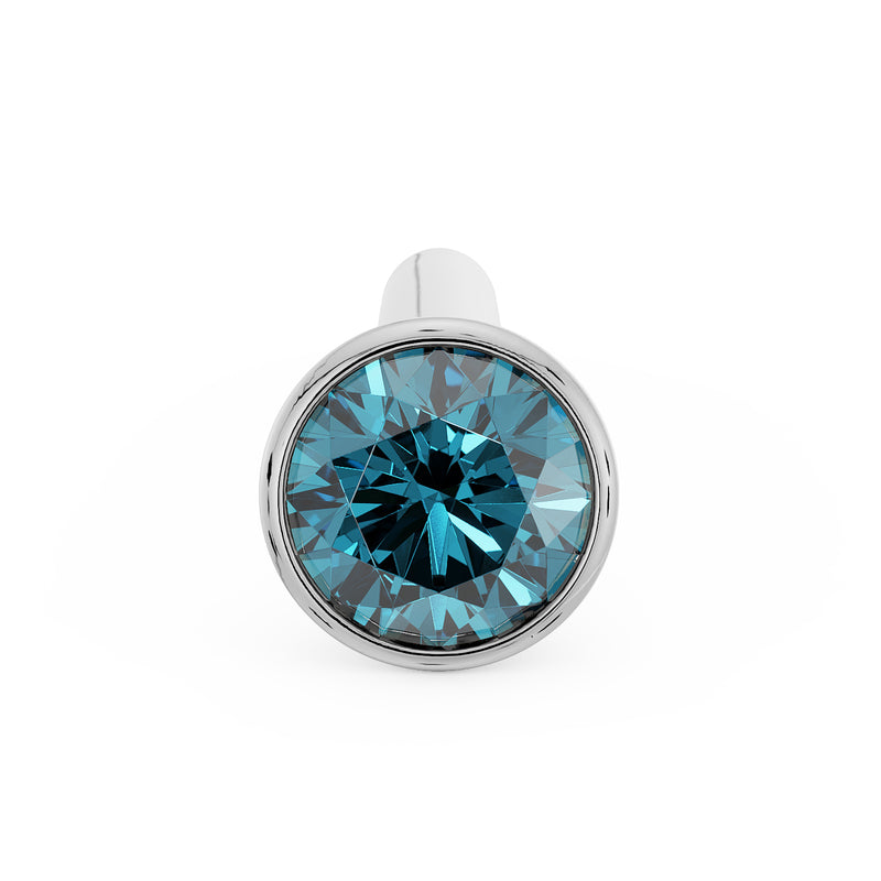 Top-down close-up of 2mm blue diamond in white gold bezel nose bone stud showing full stone face