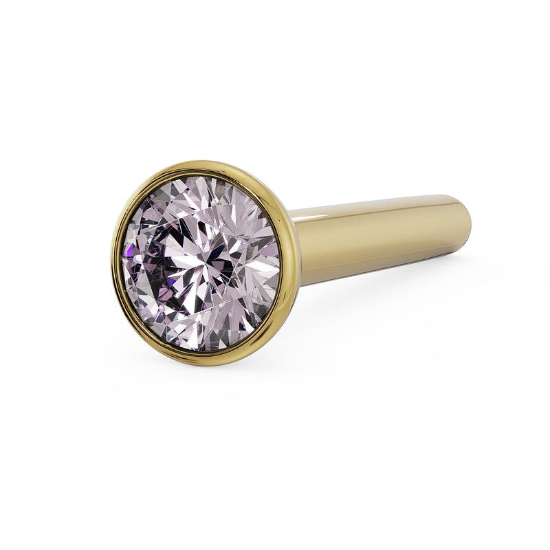 14k yellow gold 2mm pink diamond bezel nose stud straight post, angled view of faceted stone