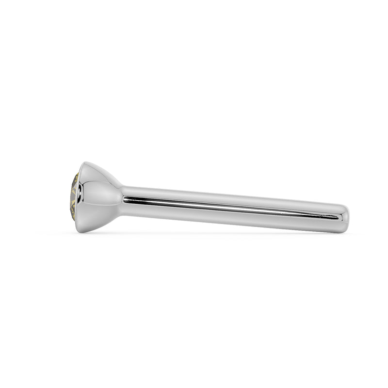 Side profile of white gold yellow diamond bezel nose bone stud showing tapered end and post