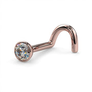 14k rose gold 2.5mm diamond bezel nose ring twist style, side angle showing full corkscrew profile