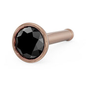 14k rose gold black diamond bezel nose stud, bone post style, angled front view