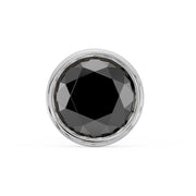 Close-up front view of 2.5mm black diamond in white gold bezel setting, facets visible