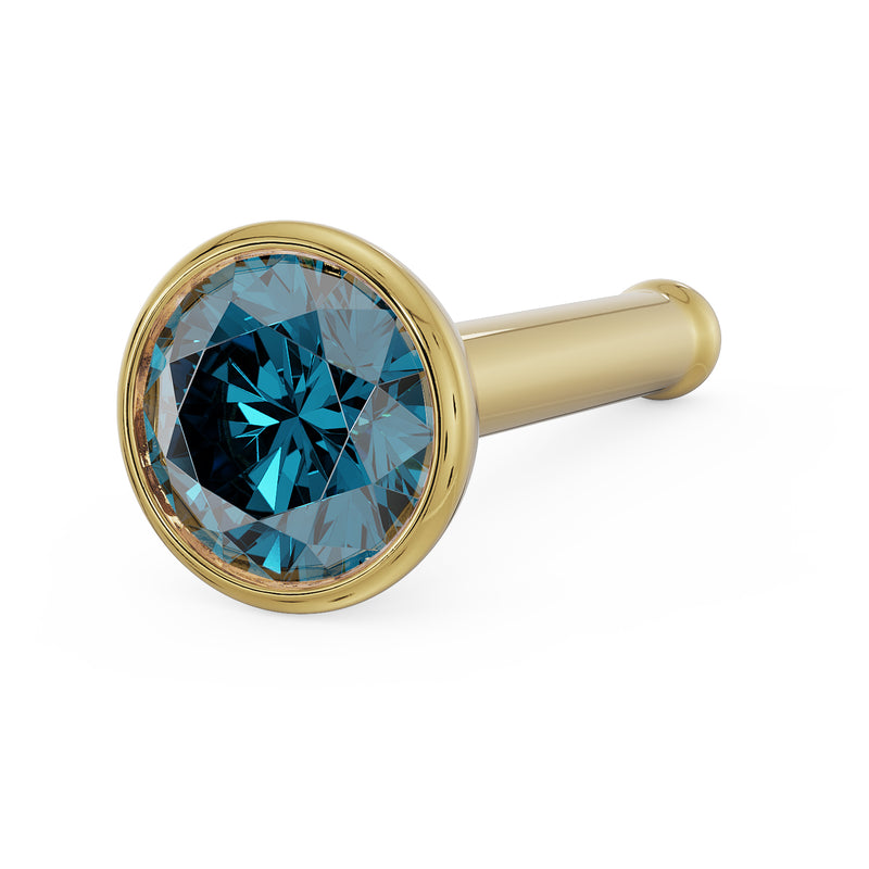 14k yellow gold blue diamond bezel nose stud straight post, close-up angled front view