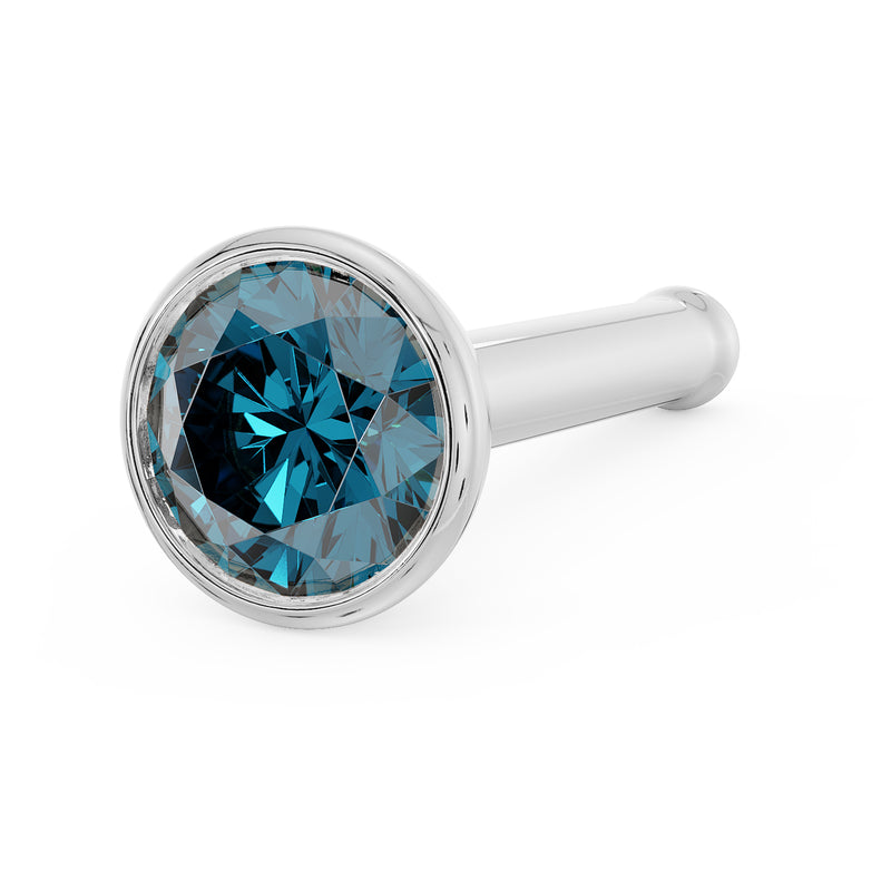 14k white gold 2.5mm blue diamond bezel nose stud straight post, angled close-up view
