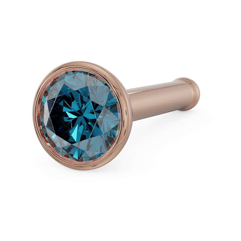 14k rose gold blue diamond bezel nose stud straight post, angled close-up of setting