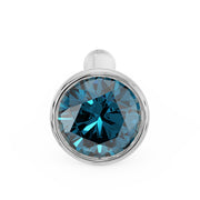 Front-facing close-up of white gold 2.5mm blue diamond bezel nose bone stud, gem detail