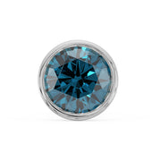 Close-up top view of 2.5mm blue diamond in white gold round bezel nose stud setting