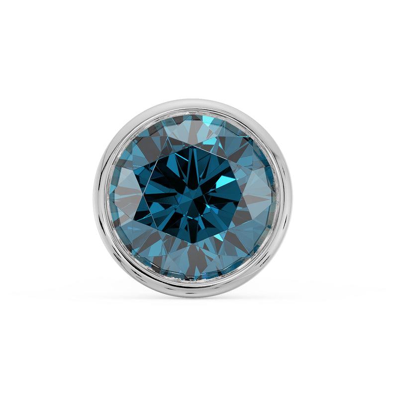 Close-up top view of 2.5mm blue diamond in white gold round bezel nose stud setting
