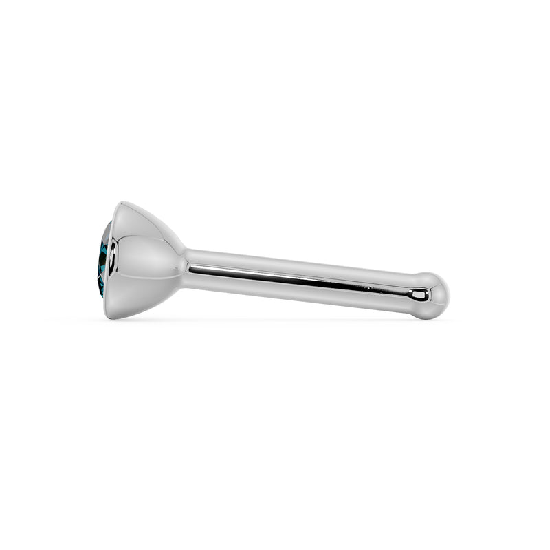 Side profile of white gold blue diamond bezel nose bone stud showing tapered end and post