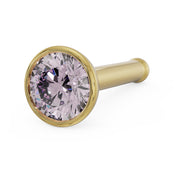 14k yellow gold pink diamond bezel nose stud with straight post, angled close-up of gem detail