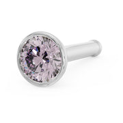 14k white gold pink diamond bezel nose stud with straight post, angled view showing post length
