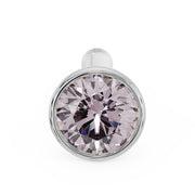 Reverse view of 14k white gold pink diamond bezel nose bone stud showing ball end tip