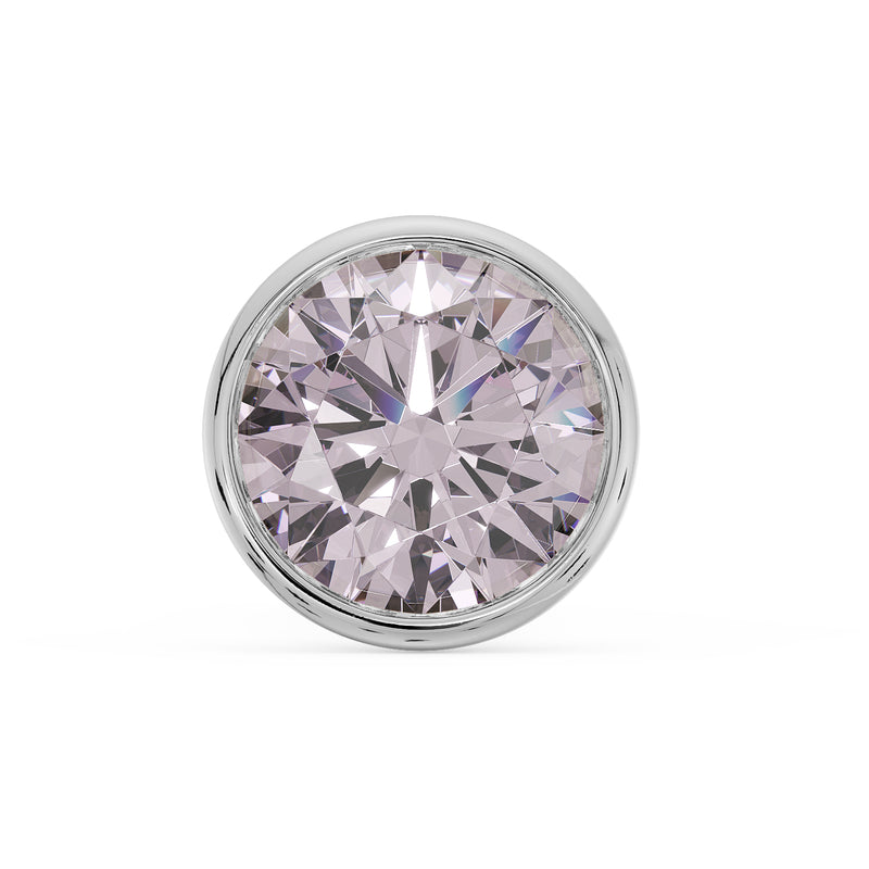 14k white gold bezel nose stud with 2.5mm pink diamond, close-up front view of round setting