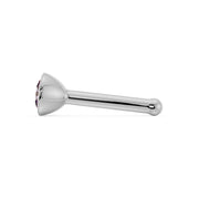 Side profile of white gold pink diamond nose bone stud showing tapered bezel and bone-end post