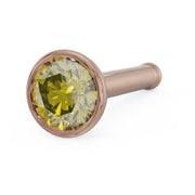 14k rose gold yellow diamond bezel nose stud with straight post, angled close-up view