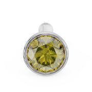 Front-facing close-up of 2.5mm yellow diamond in white gold bezel setting, bone post style