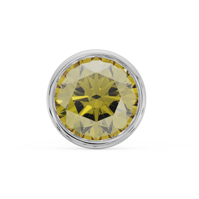 Close-up of 2.5mm yellow diamond in white gold bezel setting, front-facing detail view