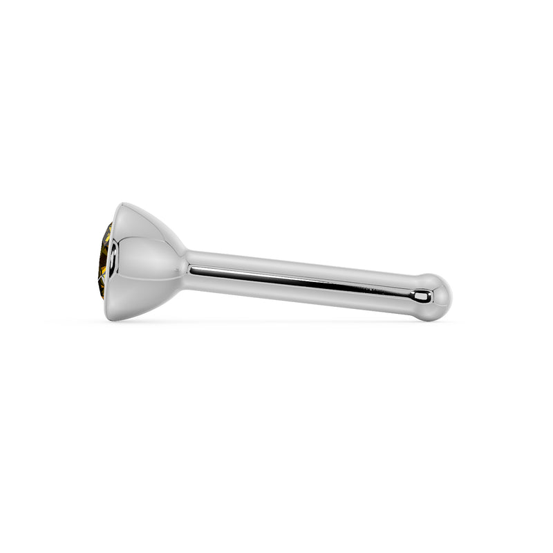 Side profile of white gold yellow diamond bezel nose stud showing bone post and ball end tip