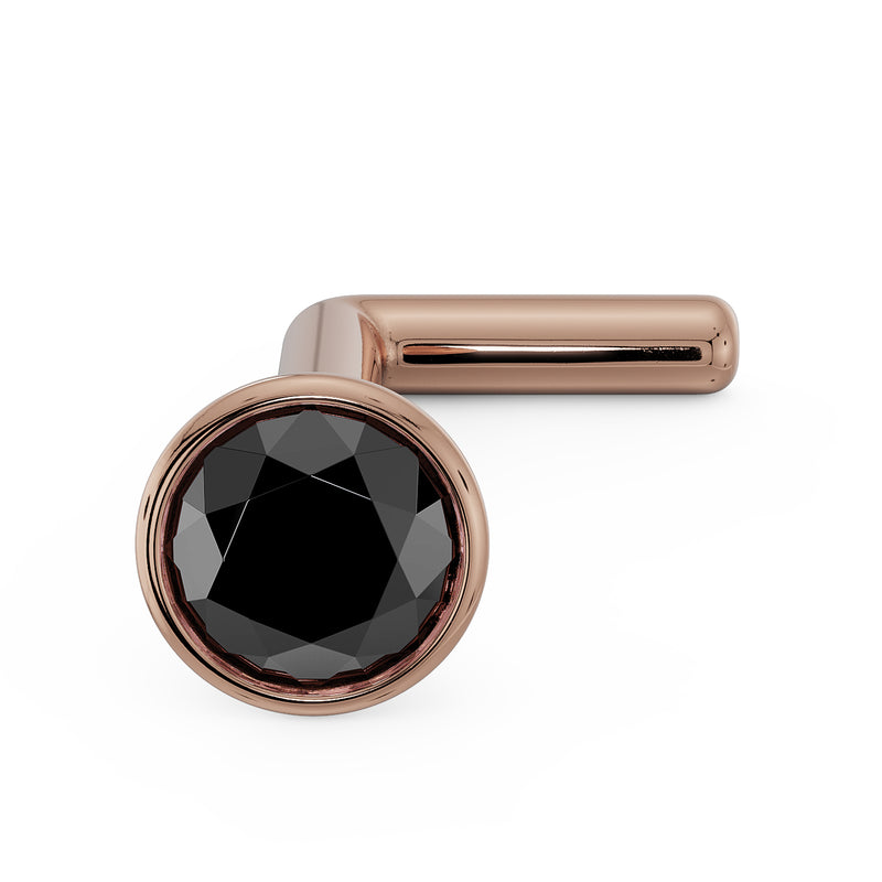 14k rose gold black diamond bezel nose stud, L-post style, angled top view