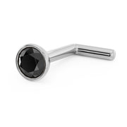 14k white gold black diamond bezel nose stud, L-post variant, three-quarter view