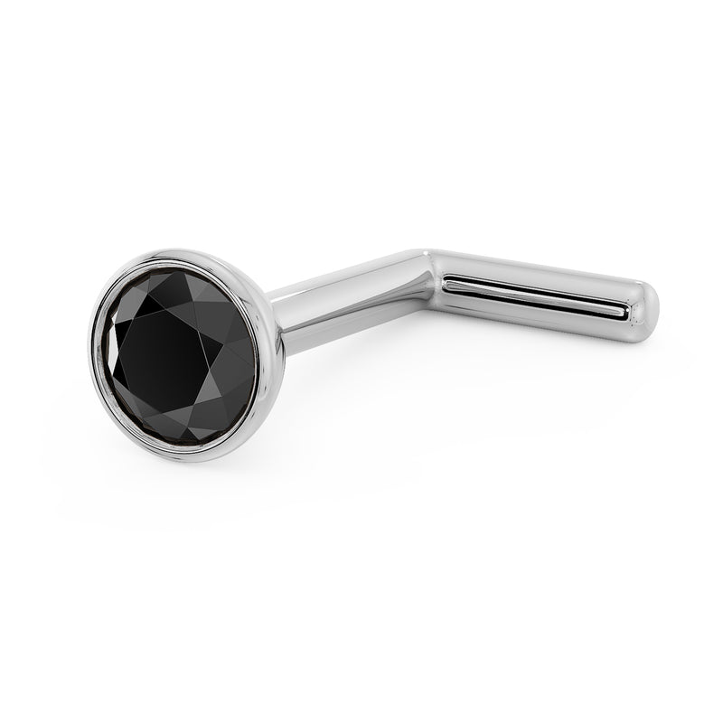 14k white gold black diamond bezel nose stud, L-post variant, three-quarter view