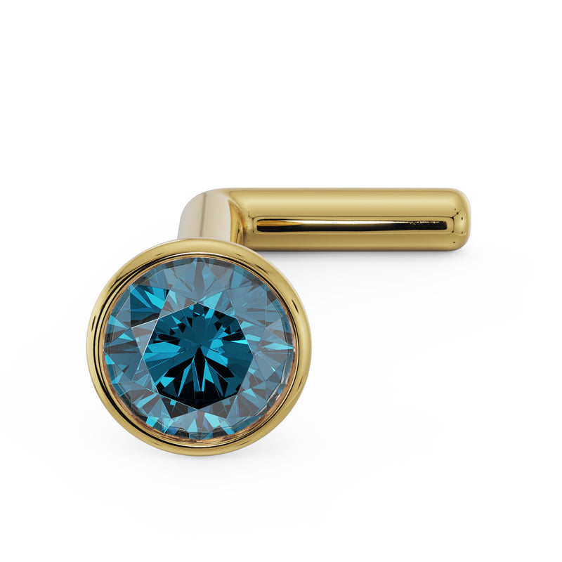 14k yellow gold 2.5mm blue diamond bezel nose stud L-post style, angled front view