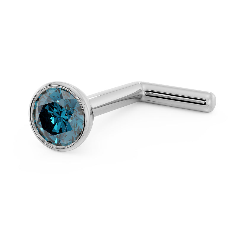 14k white gold 2.5mm blue diamond bezel nose stud L-post, angled view from above