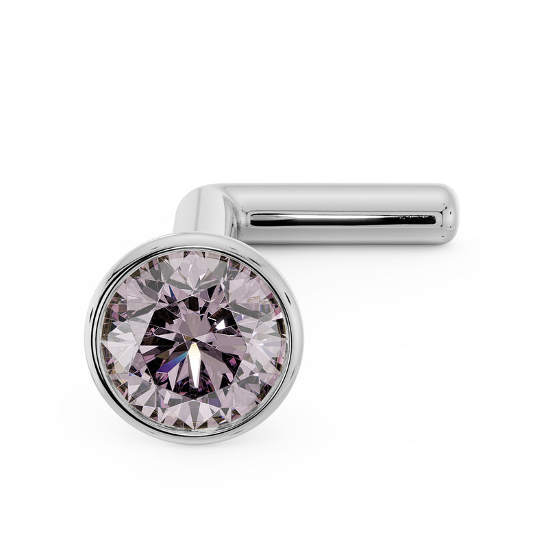 14k white gold pink diamond bezel nose stud with L-post, angled front view of bezel setting