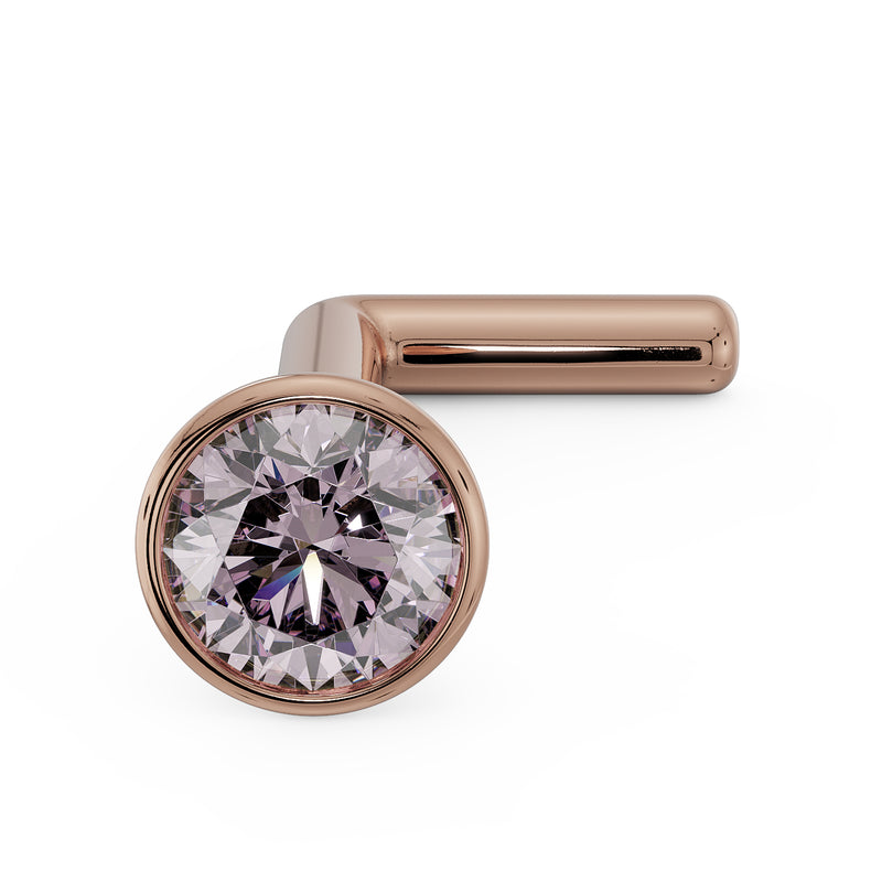 14k rose gold pink diamond bezel nose stud with L-post, angled front view showing warm metal tone