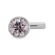 White gold pink diamond bezel nose stud with straight post, slightly elevated front angle view