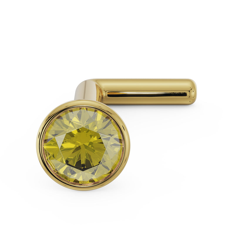 14k yellow gold yellow diamond bezel nose stud with bone style post, angled front view