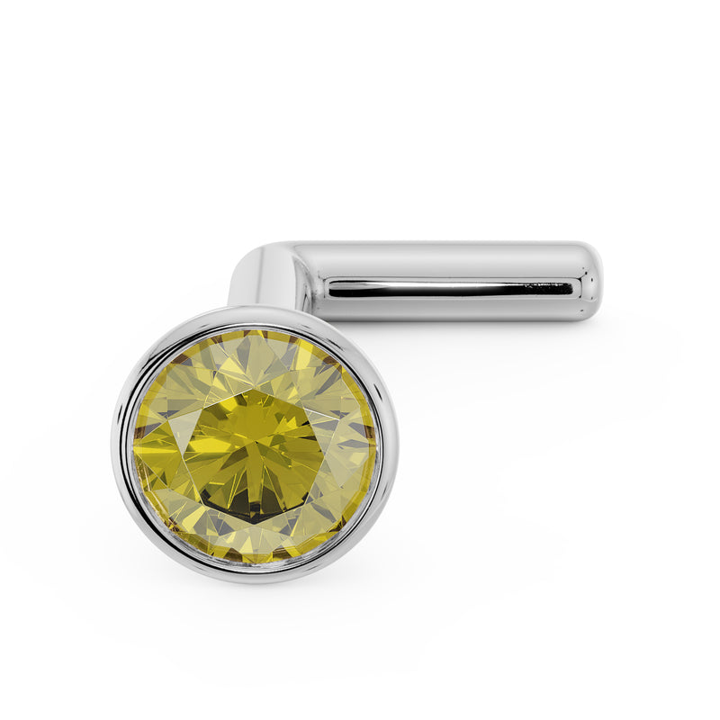 14k white gold yellow diamond bezel nose stud with bone style post, angled front view