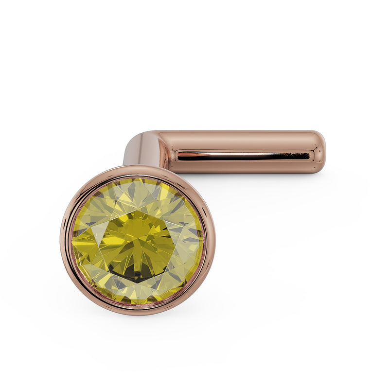 14k rose gold yellow diamond bezel nose stud with bone post style, angled front view