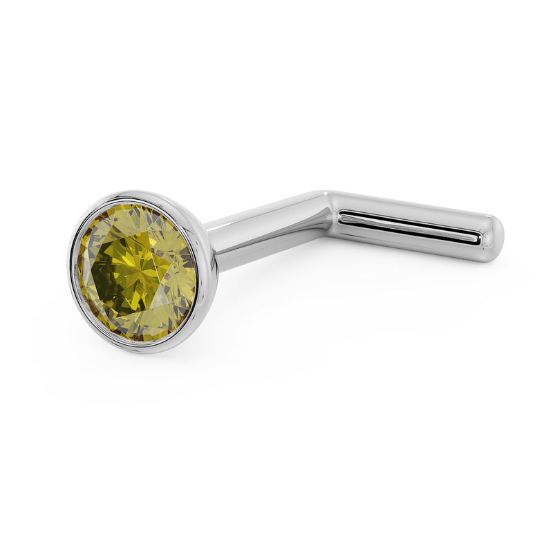 14k white gold yellow diamond bezel nose stud with L-post style, angled side view