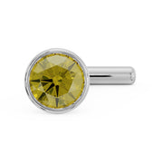 Close-up front view of 2.5mm yellow diamond bezel nose stud in white gold with straight post