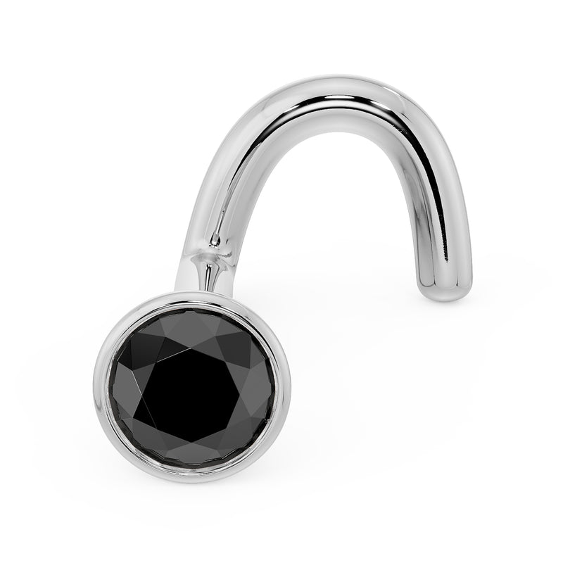 14k white gold black diamond bezel nose ring twist style, angled front view