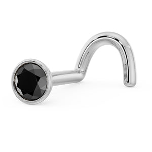 14k white gold 2.5mm black diamond bezel nose ring with twist screw post, side view