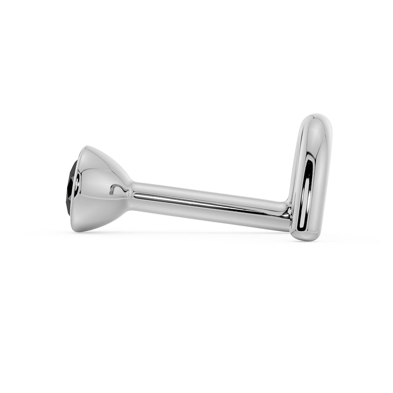 Side profile of white gold black diamond bezel nose stud showing L-post shape and depth